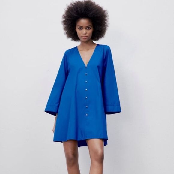Zara Royal Blue Voluminous Mini Swing Dress - Picture 1 of 10